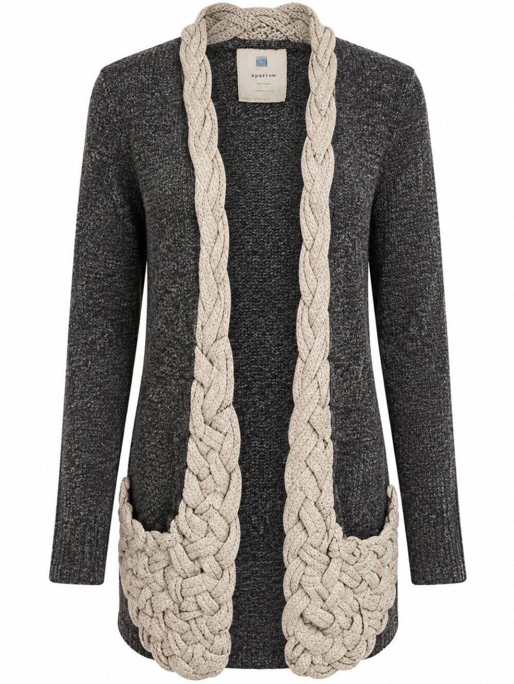 Anthropologie Sparrow Gray Braided Crochet Long Cardigan Sweater S Lambswool